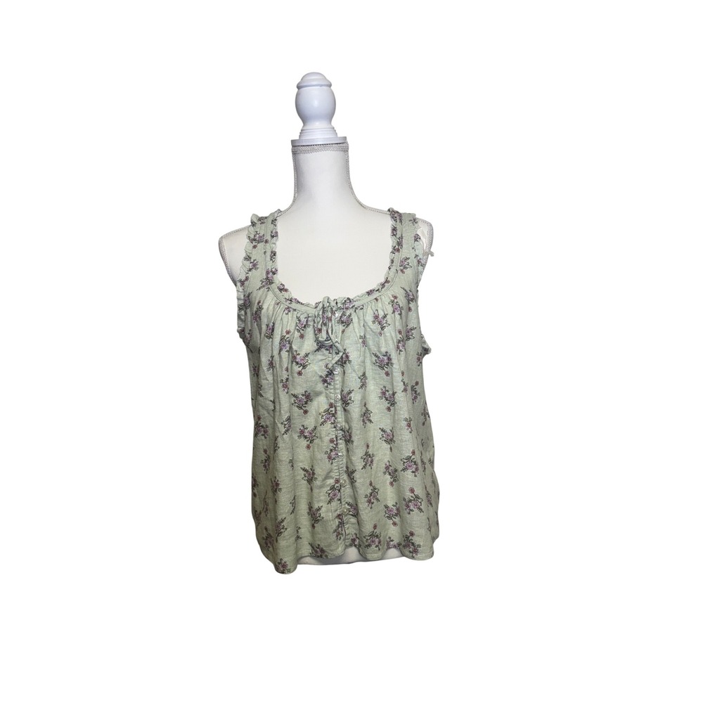 Lucky Brand Women's Green and Floral Buttoned Flowy Tank‎ Top Size Large